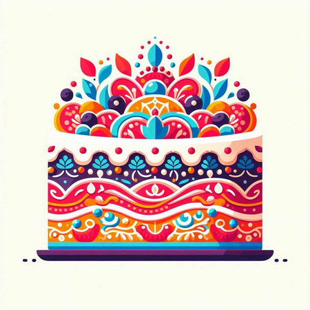 Birthday cake with colorful pattern. Vector illustration for your design.