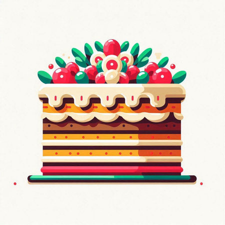 Birthday cake with cherry on top. Vector illustration in flat style