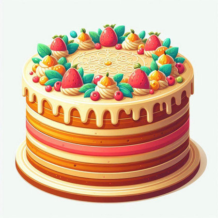 Illustration of a delicious cake with strawberries and cherries on top