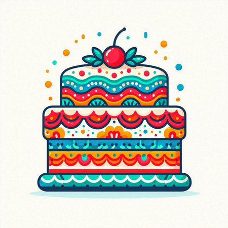 Cake doodle vector illustration. Colorful sweet dessert.
