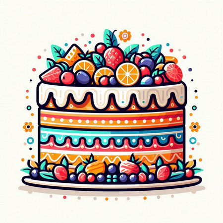 Birthday cake with berries and fruits on white background. Vector illustration.