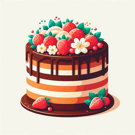 Cake with strawberries and flowers. Vector illustration in cartoon style.