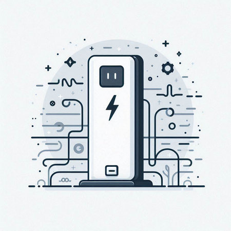 Electric car charging station. Vector illustration in linear style on white background.