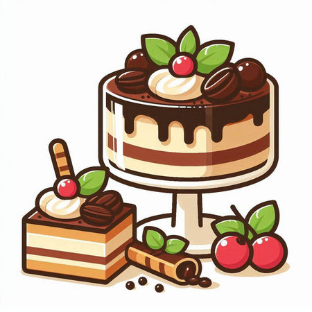 Illustration of a chocolate cake with cherries and mint on a white background