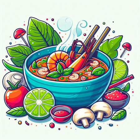 Illustration of a bowl of spicy soup with shrimps and vegetables