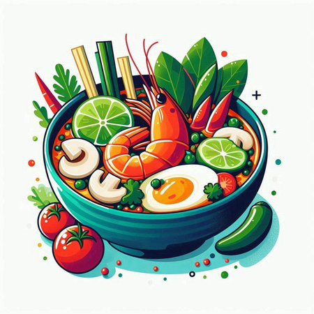 Tom yum soup with shrimps and vegetables. Vector illustration.