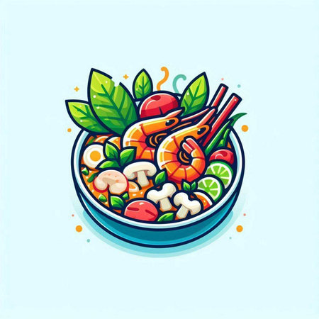 Seafood salad in bowl, vector illustration. Seafood soup.