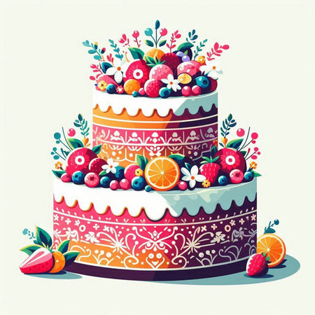Cake with berries and fruits. Vector illustration in retro style.
