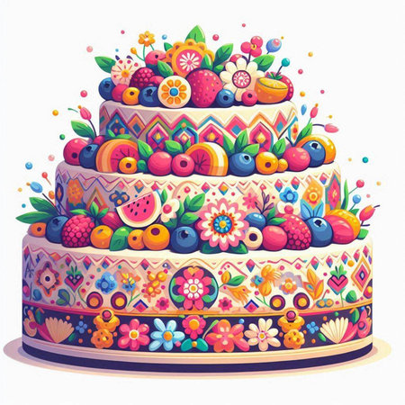 Birthday cake decorated with flowers and berries. Vector illustration isolated on white background.