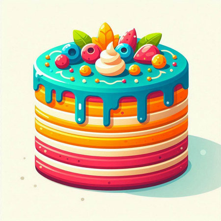 Illustration of a birthday cake with strawberry, blueberry and cream