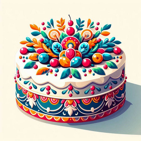 Cake decorated with colorful pattern on white background. Vector illustration.