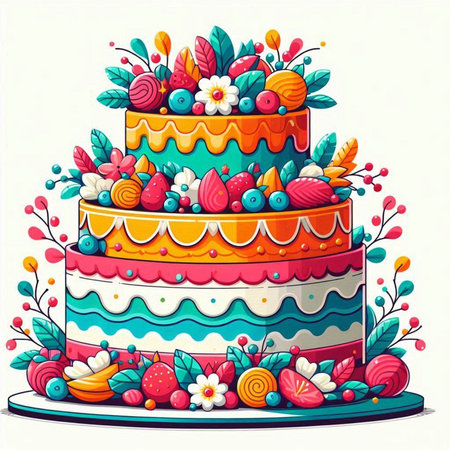 Birthday cake decorated with flowers and candies. Vector illustration.