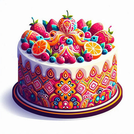Cake decorated with fruits. Vector illustration on a white background.