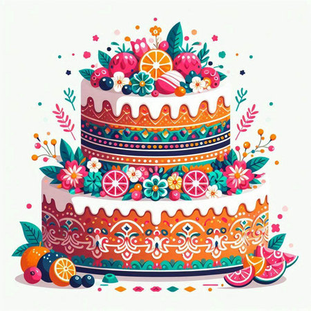 Birthday cake decorated with flowers and fruits. Vector illustration on white background.