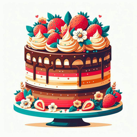 Cake decorated with strawberries, cream and flowers. Vector illustration.