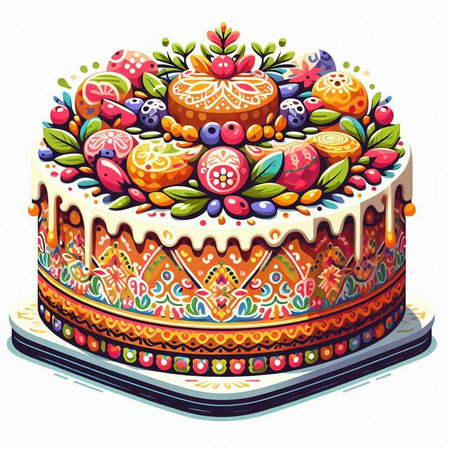 Easter cake with eggs and berries. Colorful vector illustration.