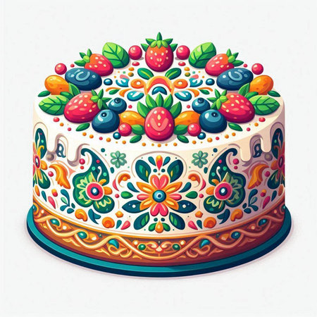 Cake decorated with strawberries and blueberries. Vector illustration on white background.