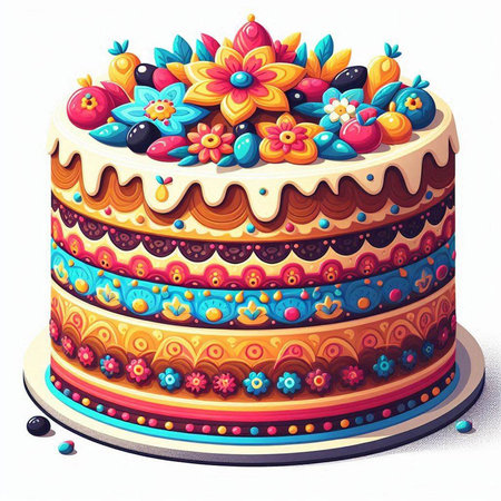 Birthday cake decorated with colorful flowers and fruits, vector illustration.