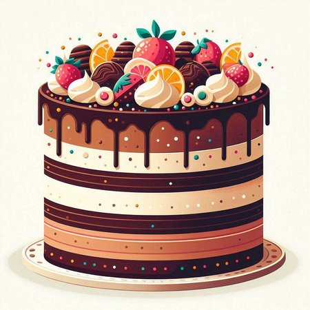 Birthday cake with cream and fruits on top. Vector illustration.