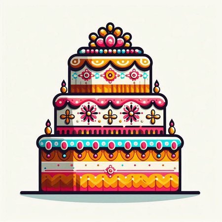 Cake with colorful patterns. Vector illustration in flat style on white background.