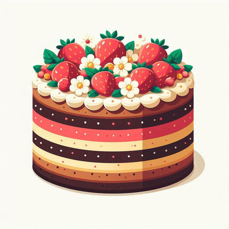 Cake with strawberries and flowers. Vector illustration in cartoon style.