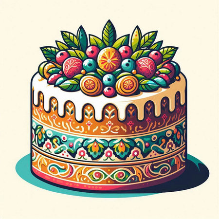 Easter cake decorated with flowers and eggs. Colorful vector illustration.