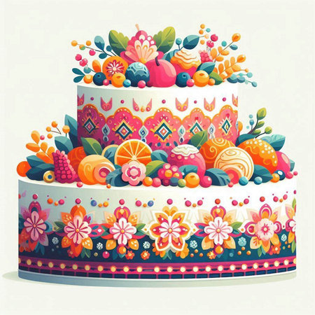Vector illustration of a cake decorated with flowers, berries and fruits.