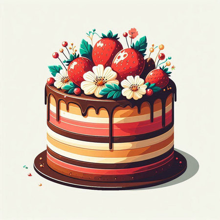 Chocolate cake with strawberries and daisies. Vector illustration.
