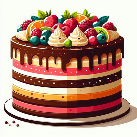 Illustration of a cake with cream and berries on a white background