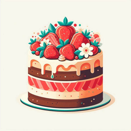 Birthday cake with strawberries, cream and flowers. Vector illustration.