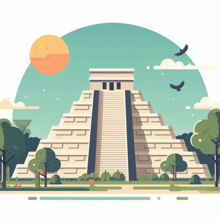 Ancient Mayan pyramid in the park. Vector illustration in flat style