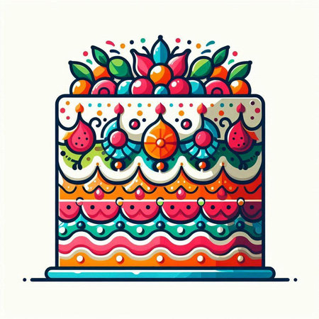 Cake with colorful ornament. Vector illustration in doodle style.