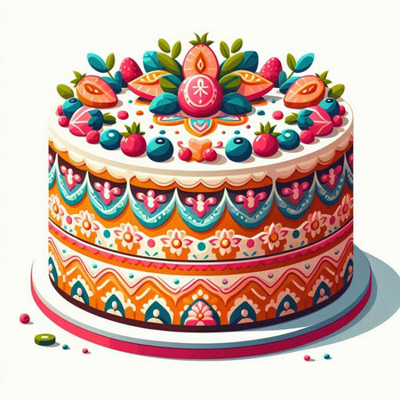 Cake with berries and fruits on a white background. Vector illustration.