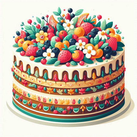 Birthday cake with berries and fruits. Vector illustration in retro style.