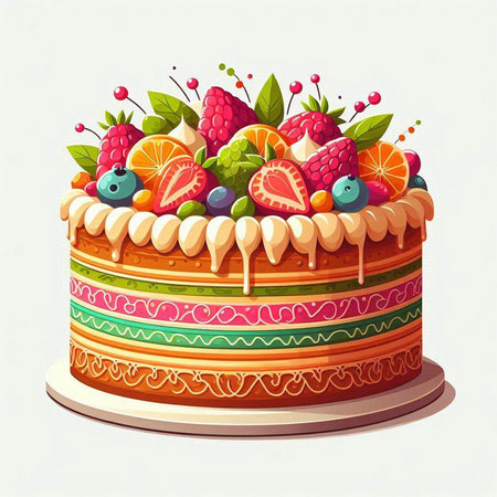 Cake with fruits and berries on a white background. Vector illustration.