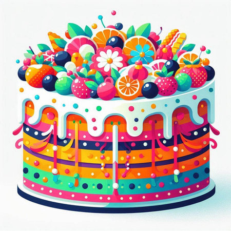 Birthday cake with fruits and berries on top. Vector illustration.