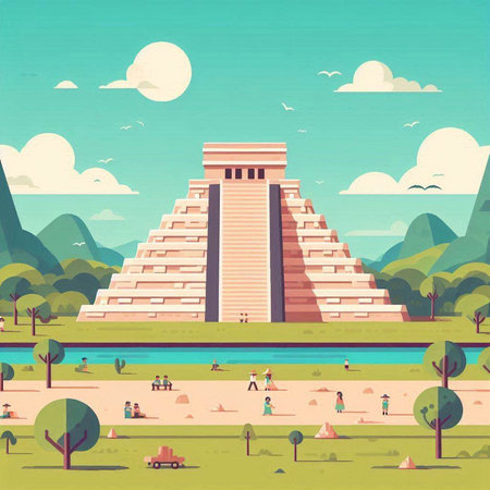 Ancient Mayan pyramid in mexico. Vector illustration in flat style