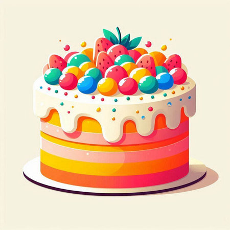 Birthday cake with colorful candies and jelly beans. Vector illustration.