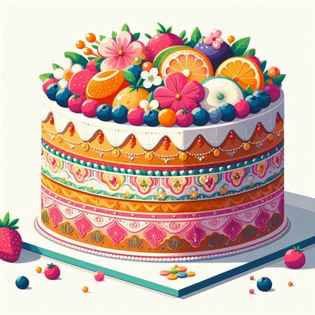 Birthday cake with berries and fruits. Vector illustration in retro style.