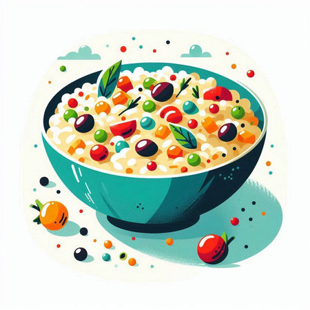 Vector illustration of oatmeal porridge with berries in a bowl.