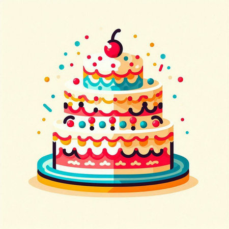Birthday cake vector illustration. Cake with cream, cherry and sprinkles.