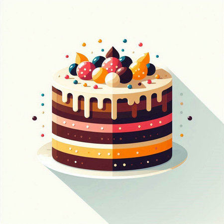 Birthday cake with chocolate and marmalade. Vector illustration.