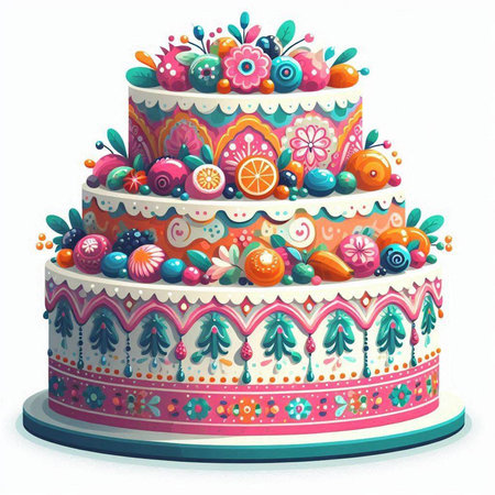Illustration of a birthday cake decorated with flowers and fruits isolated on white background