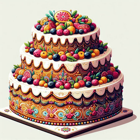 Wedding cake decorated with fruits and berries. Vector illustration.