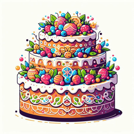 Easter cake decorated with colorful eggs and berries. Vector illustration.