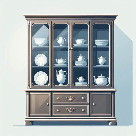 Illustration of a vintage wooden cupboard with a set of dishes