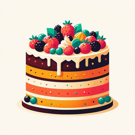 Birthday cake with cream and berries. Vector illustration in flat style