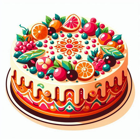 Cake with berries and fruits on a white background. Vector illustration.