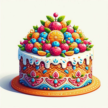 Birthday cake decorated with colorful fruits and berries. Vector illustration.
