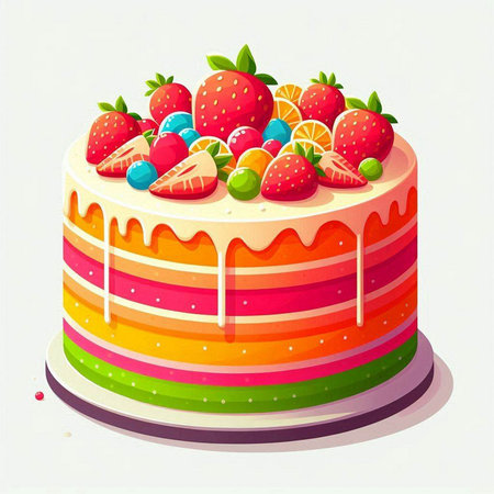 Vector illustration of a colorful cake with strawberries and jelly beans on top
